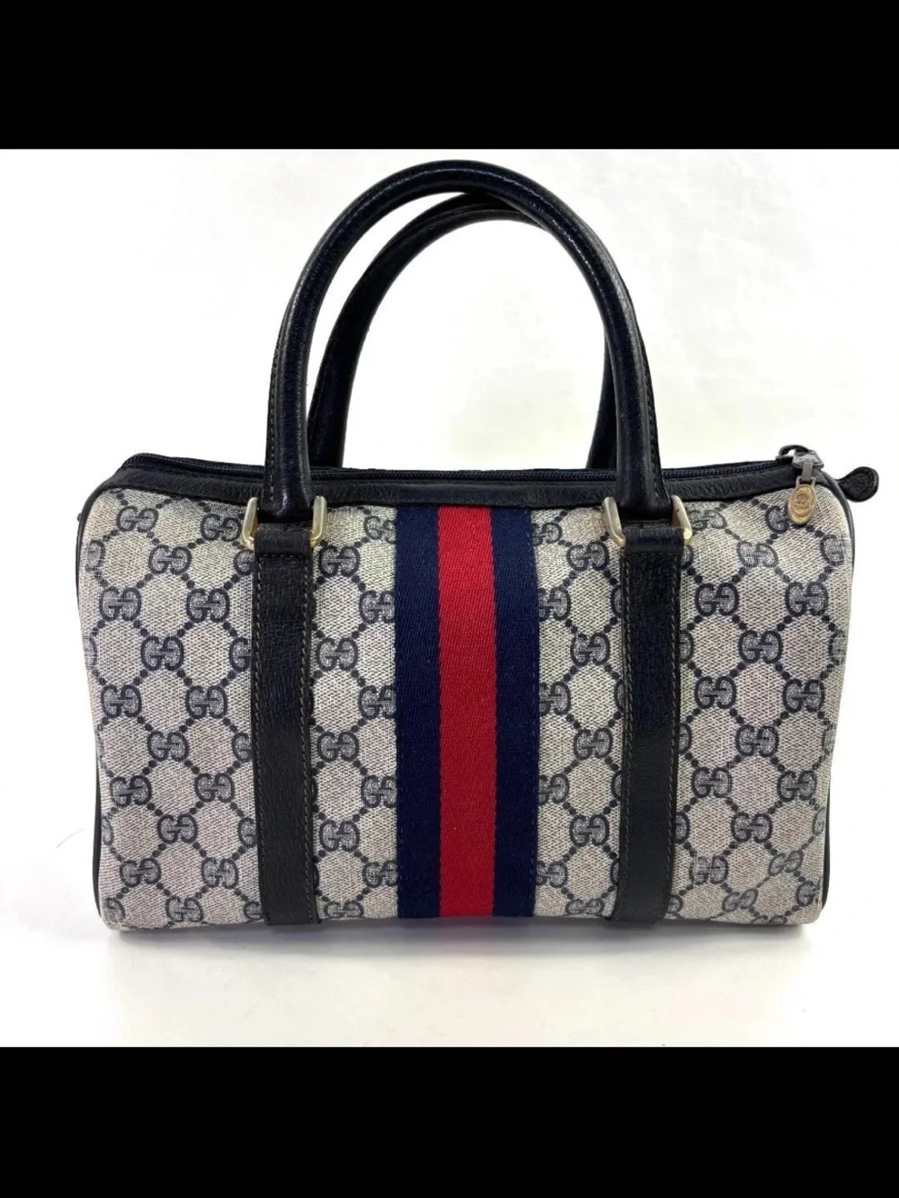 Gucci Beige GG Canvas Satchel with Navy and Red Web Stripe